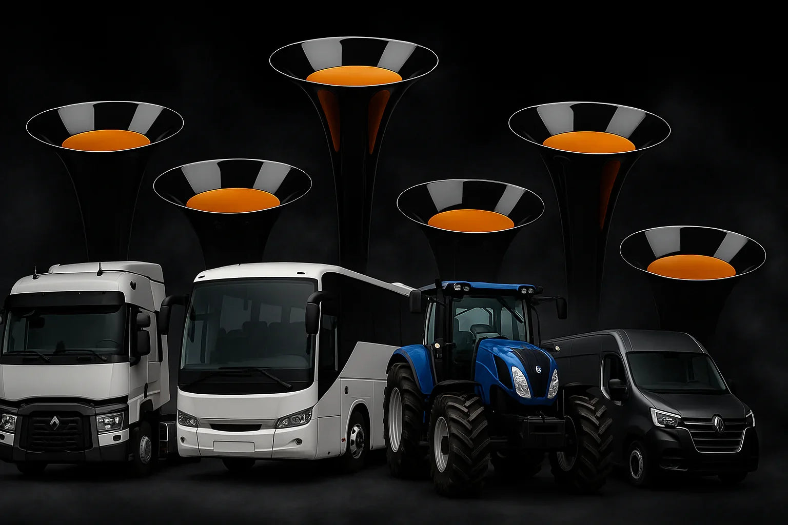 Gros plan sur des trompes à air pour camion, bus, tracteur et utilitaire sur fond noir.