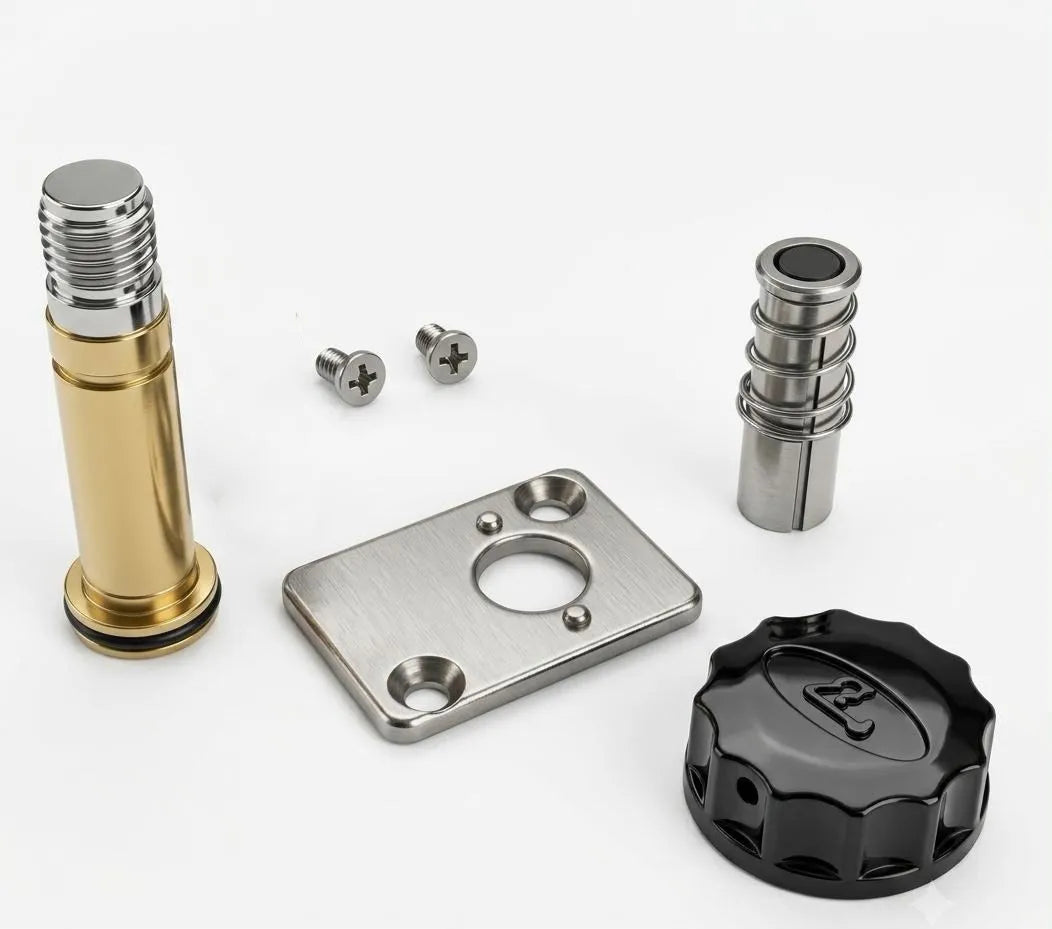 Composants klaxon pneumatique Basuri : trompette dorée, support métal, bouton noir et vis pour installation 12V/24V sur camion