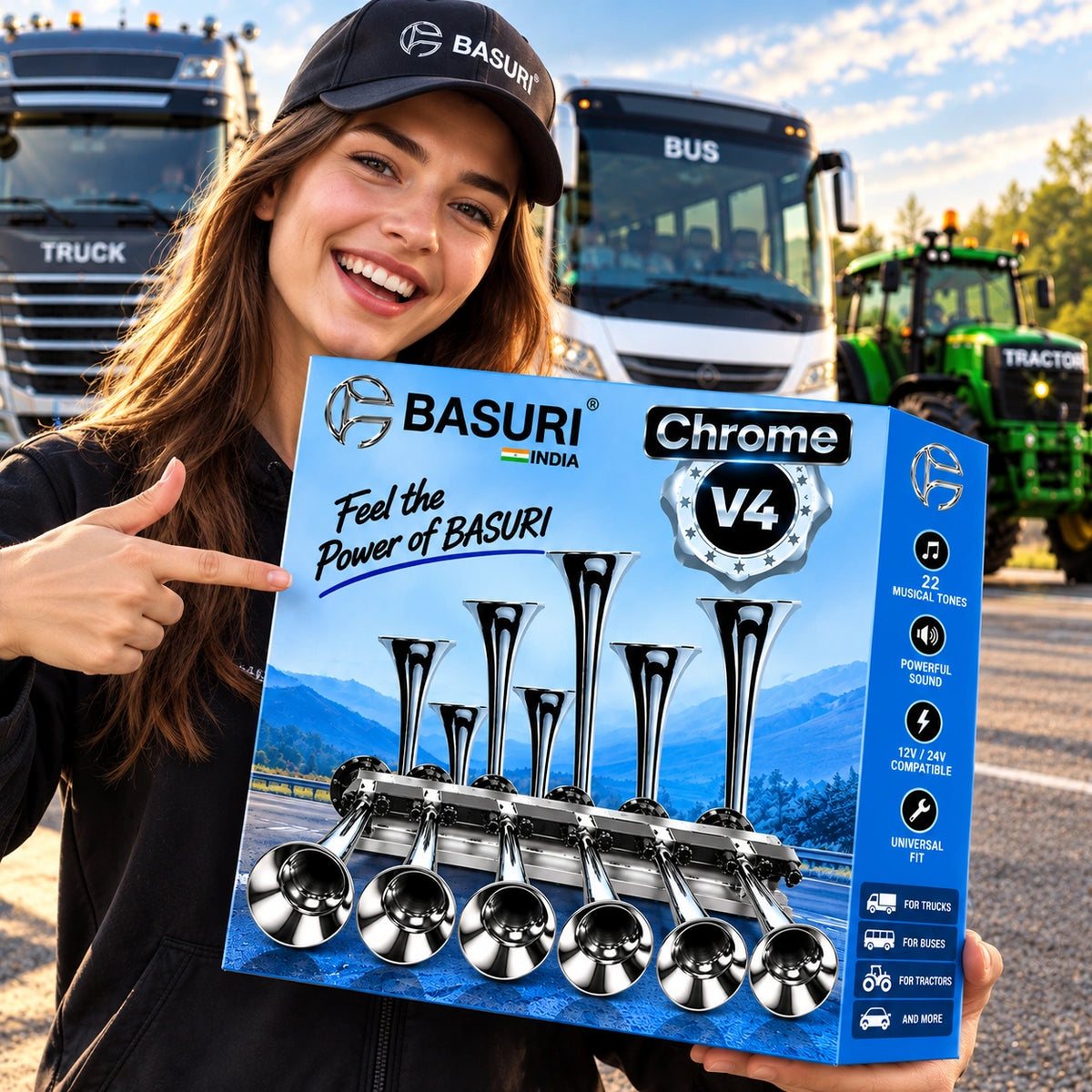Klaxon pneumatique BASURI 22 sons (Chrome Baby Shark 4.0) | 12-24 Volts